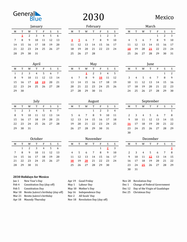 Mexico Holidays Calendar for 2030