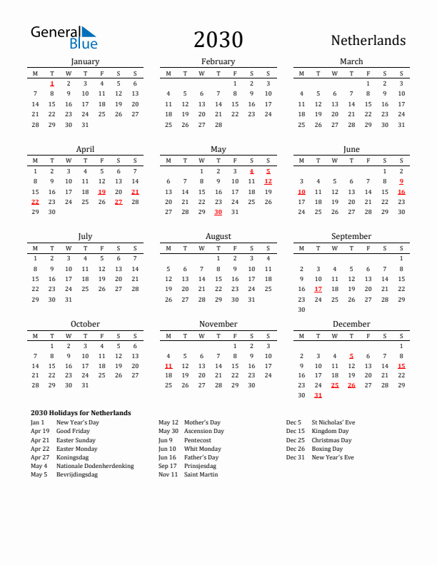 The Netherlands Holidays Calendar for 2030