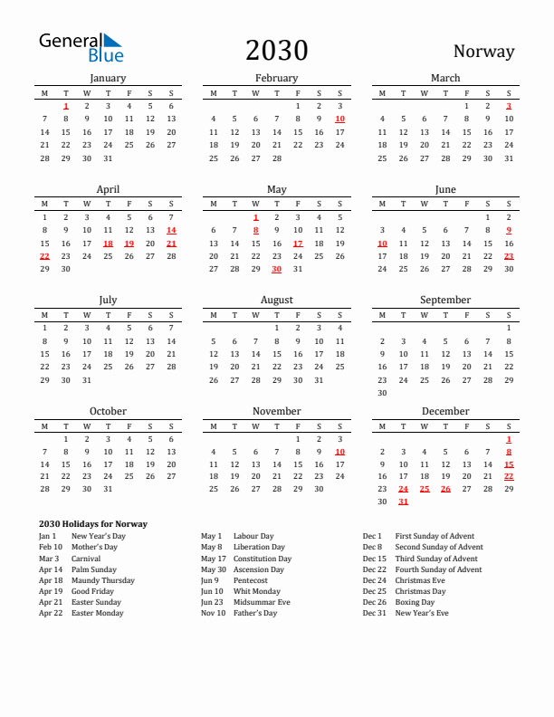 Norway Holidays Calendar for 2030