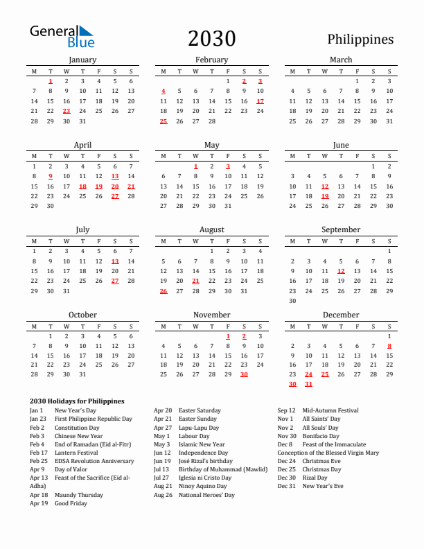 Philippines Holidays Calendar for 2030