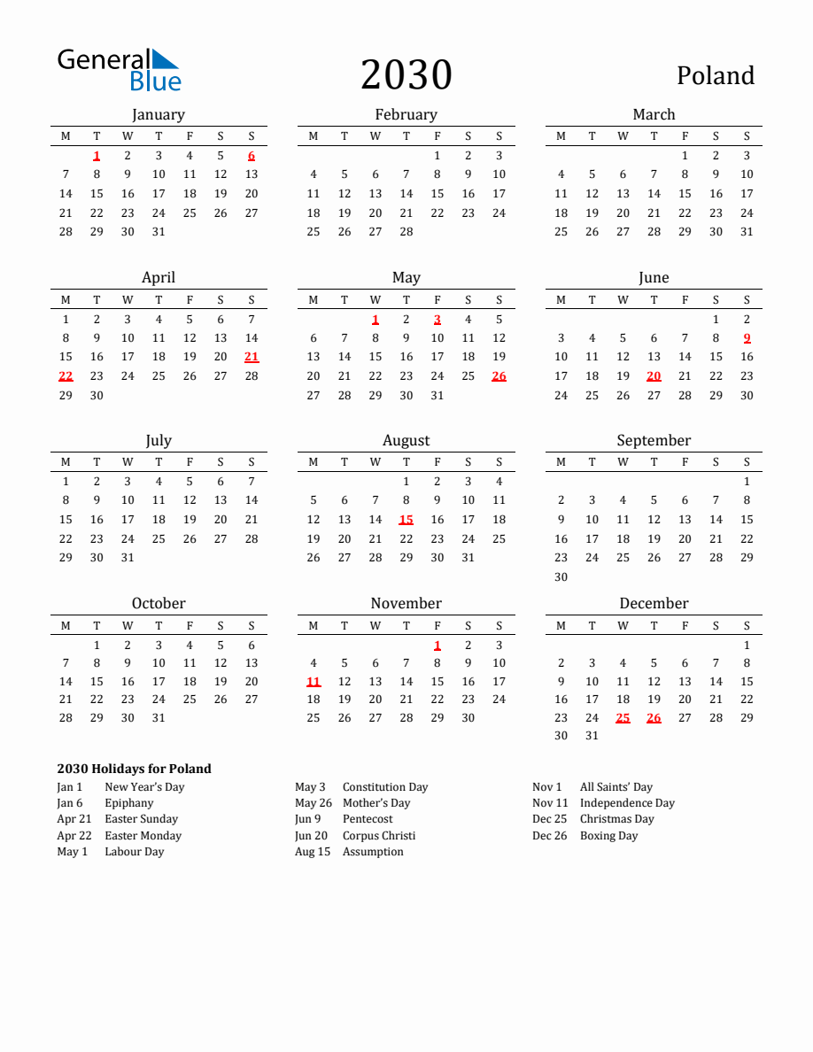 Free Poland Holidays Calendar for Year 2030