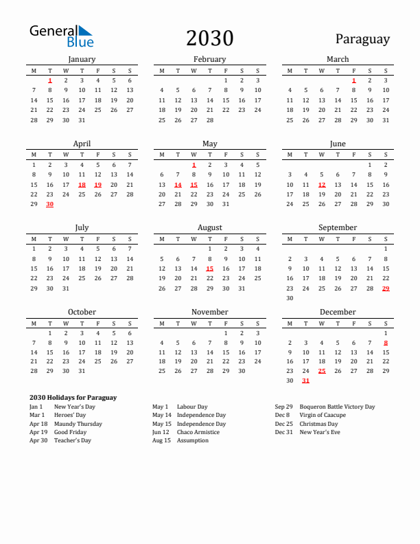 Paraguay Holidays Calendar for 2030