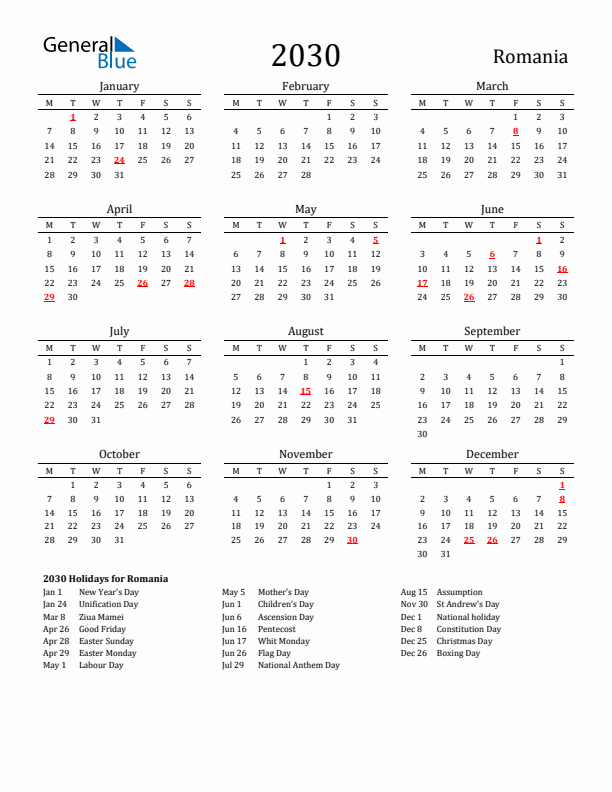 Romania Holidays Calendar for 2030