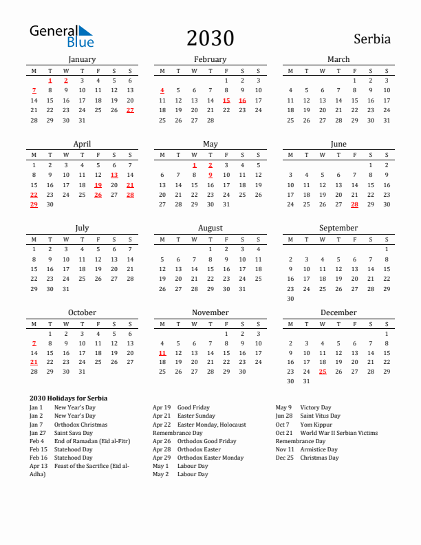 Serbia Holidays Calendar for 2030