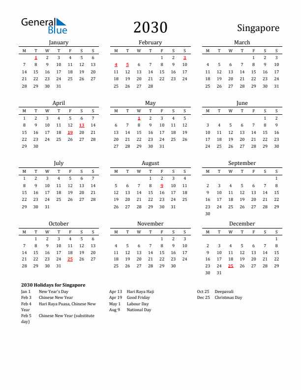Singapore Holidays Calendar for 2030