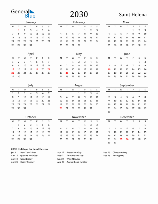 Saint Helena Holidays Calendar for 2030
