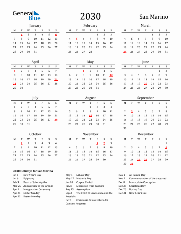 San Marino Holidays Calendar for 2030