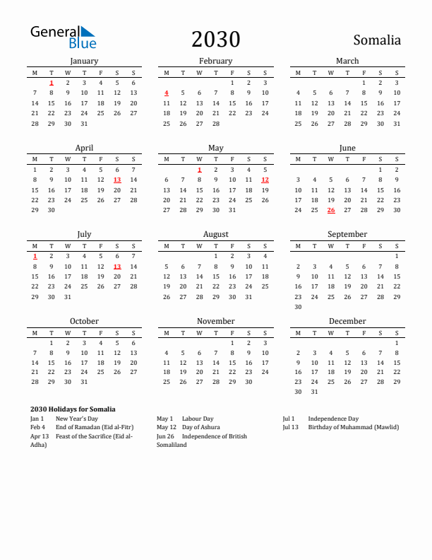 Somalia Holidays Calendar for 2030