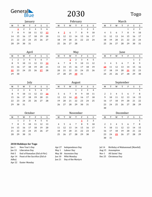 Togo Holidays Calendar for 2030