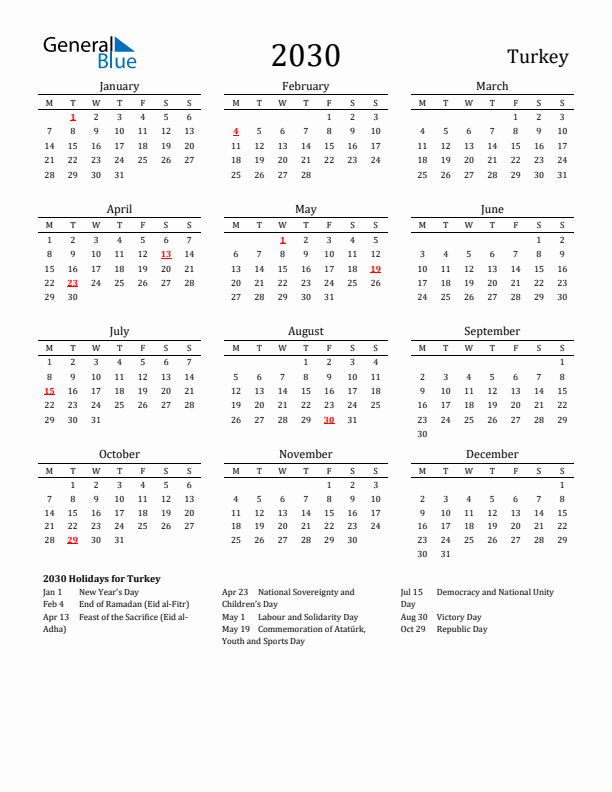 Turkey Holidays Calendar for 2030