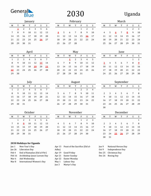 Uganda Holidays Calendar for 2030