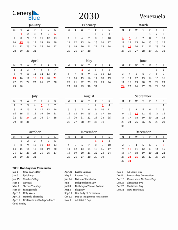 Venezuela Holidays Calendar for 2030
