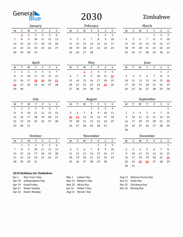 Zimbabwe Holidays Calendar for 2030