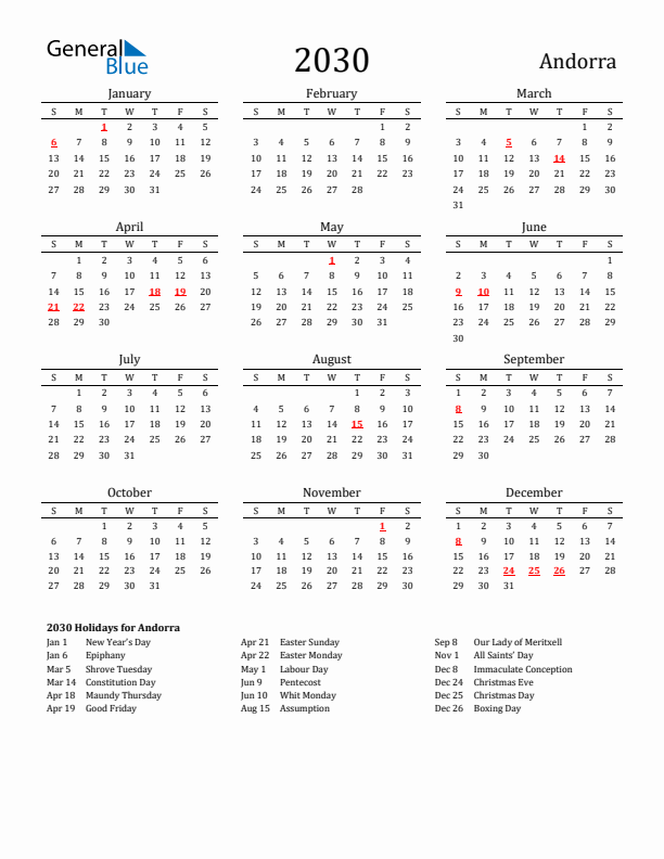 Andorra Holidays Calendar for 2030