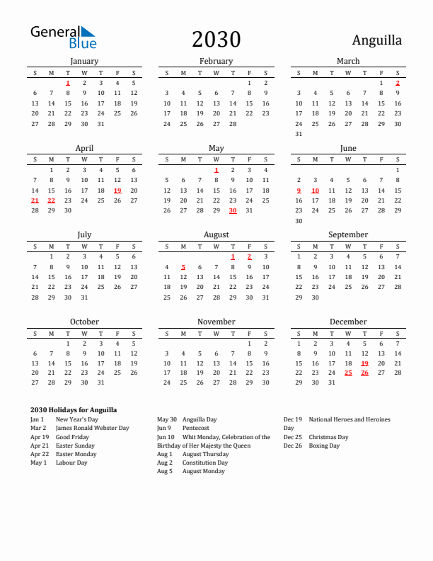 Anguilla Holidays Calendar for 2030