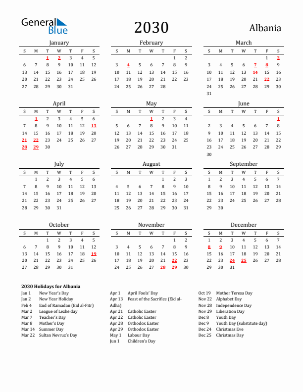 Albania Holidays Calendar for 2030