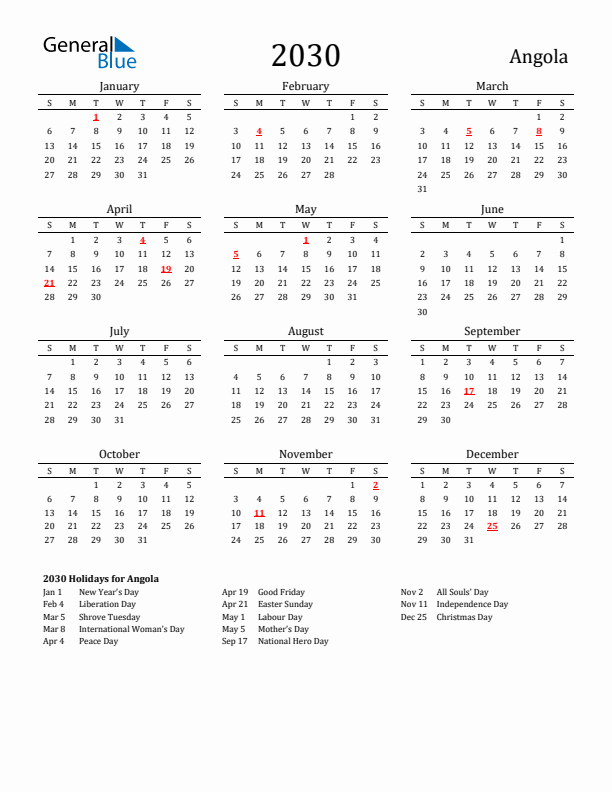 Angola Holidays Calendar for 2030