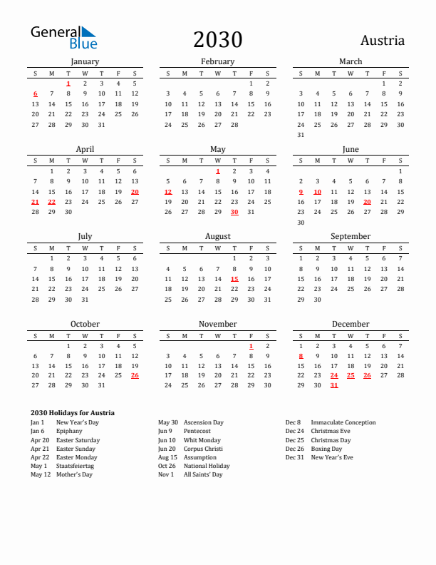 Austria Holidays Calendar for 2030