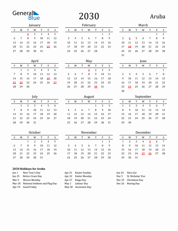 Aruba Holidays Calendar for 2030