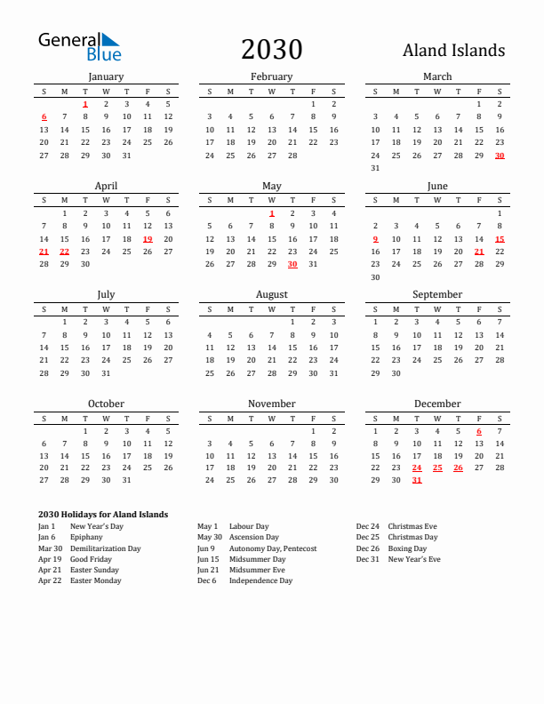Aland Islands Holidays Calendar for 2030
