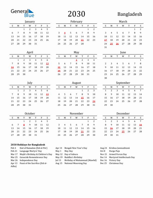 Bangladesh Holidays Calendar for 2030