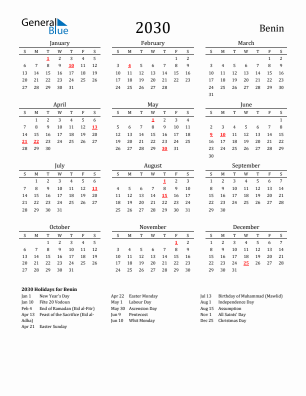 Benin Holidays Calendar for 2030