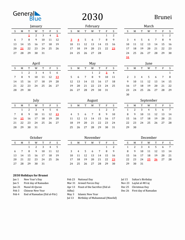 Brunei Holidays Calendar for 2030