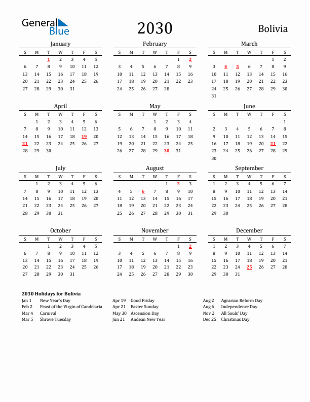 Bolivia Holidays Calendar for 2030