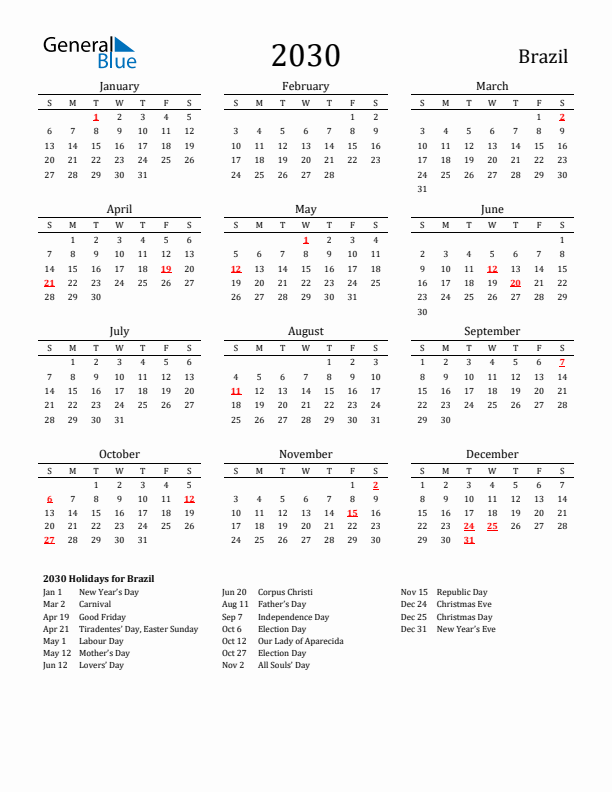 Brazil Holidays Calendar for 2030