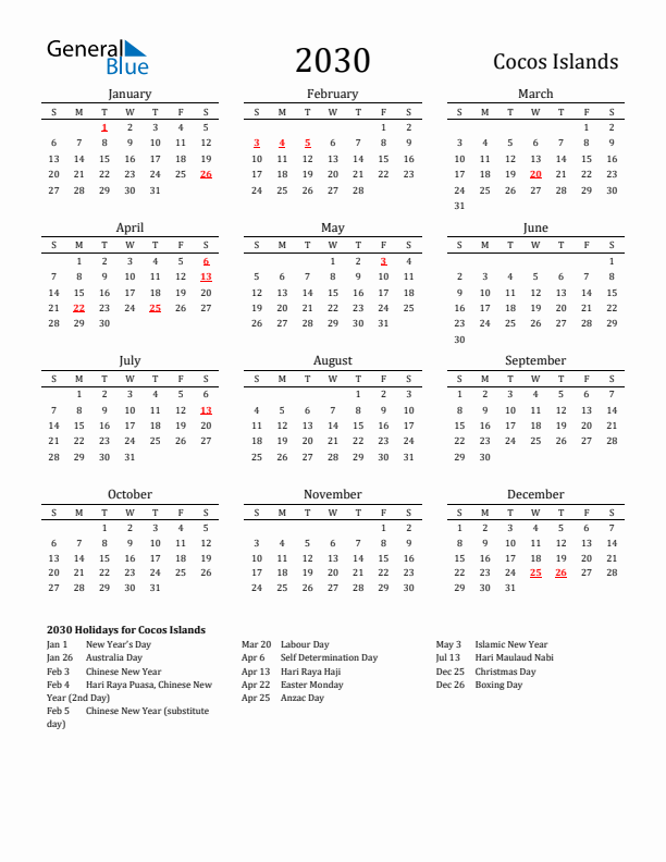 Cocos Islands Holidays Calendar for 2030