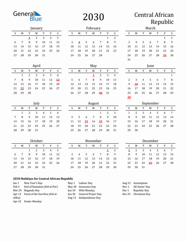 Central African Republic Holidays Calendar for 2030