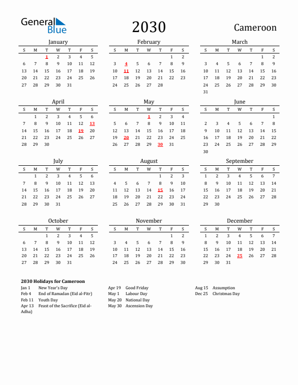 Cameroon Holidays Calendar for 2030