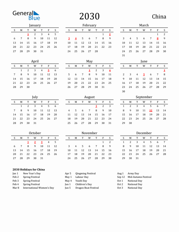 China Holidays Calendar for 2030