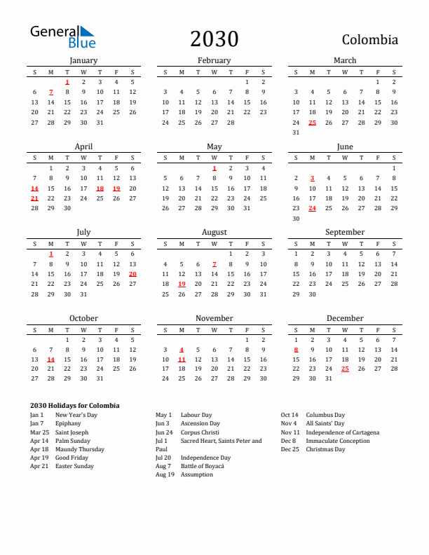 Colombia Holidays Calendar for 2030