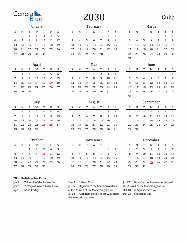Cuba Holidays Calendar for 2030