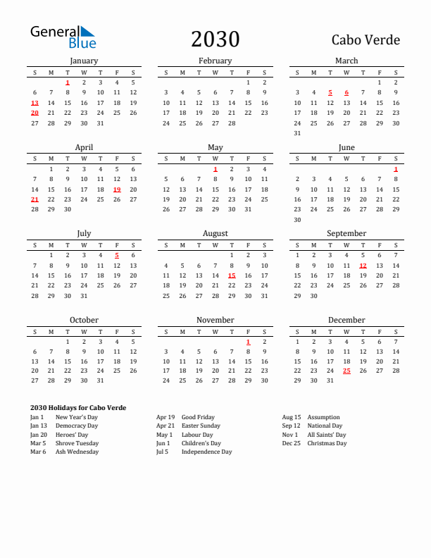 Cabo Verde Holidays Calendar for 2030