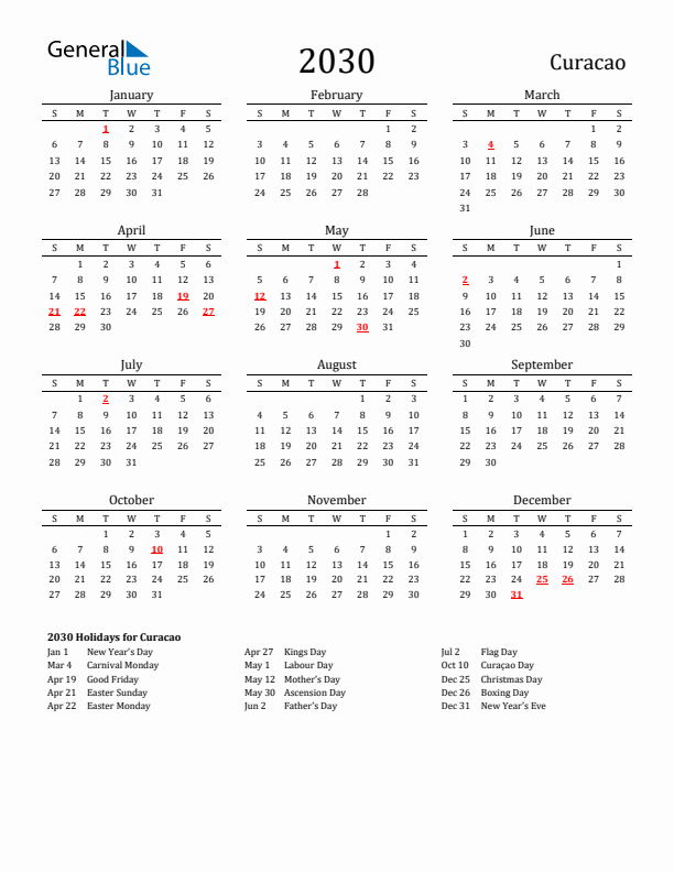 Curacao Holidays Calendar for 2030