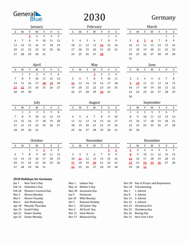 Germany Holidays Calendar for 2030
