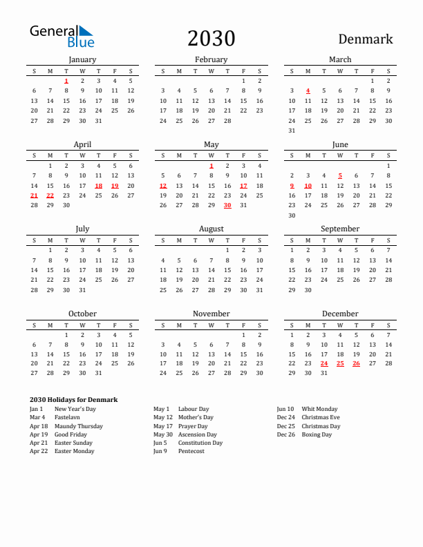 Denmark Holidays Calendar for 2030