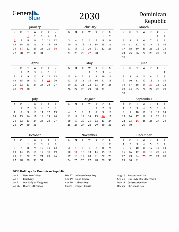 Dominican Republic Holidays Calendar for 2030