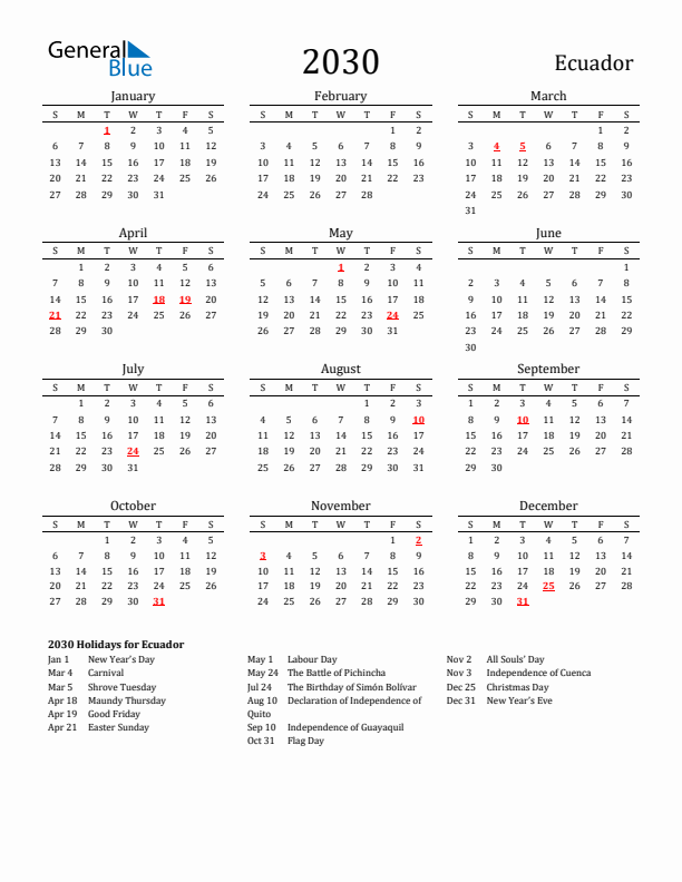 Ecuador Holidays Calendar for 2030