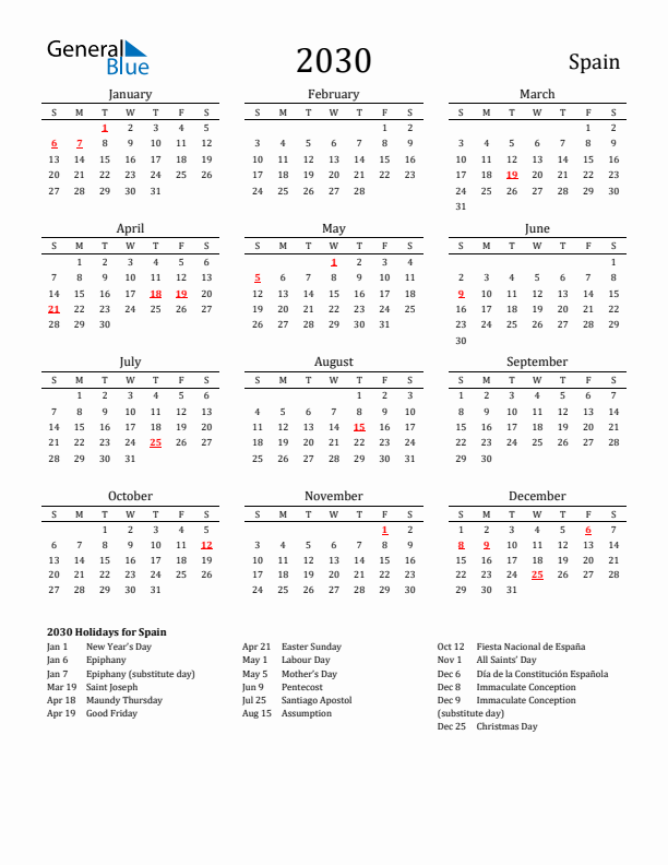 Spain Holidays Calendar for 2030
