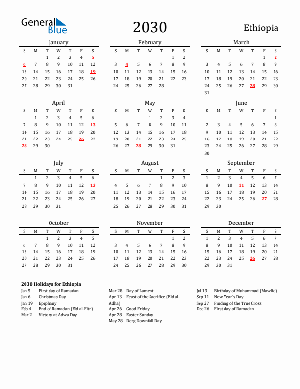 Ethiopia Holidays Calendar for 2030
