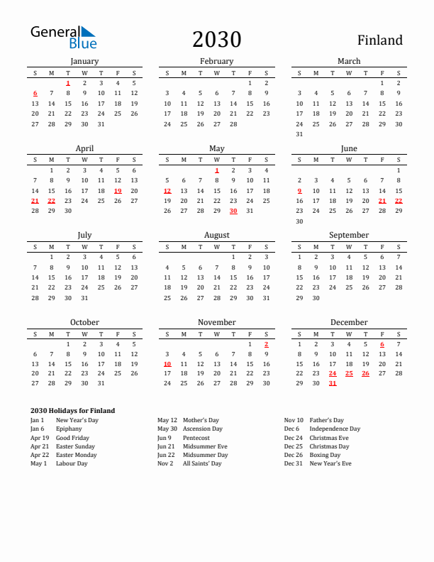 Finland Holidays Calendar for 2030