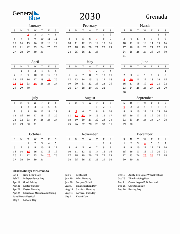 Grenada Holidays Calendar for 2030