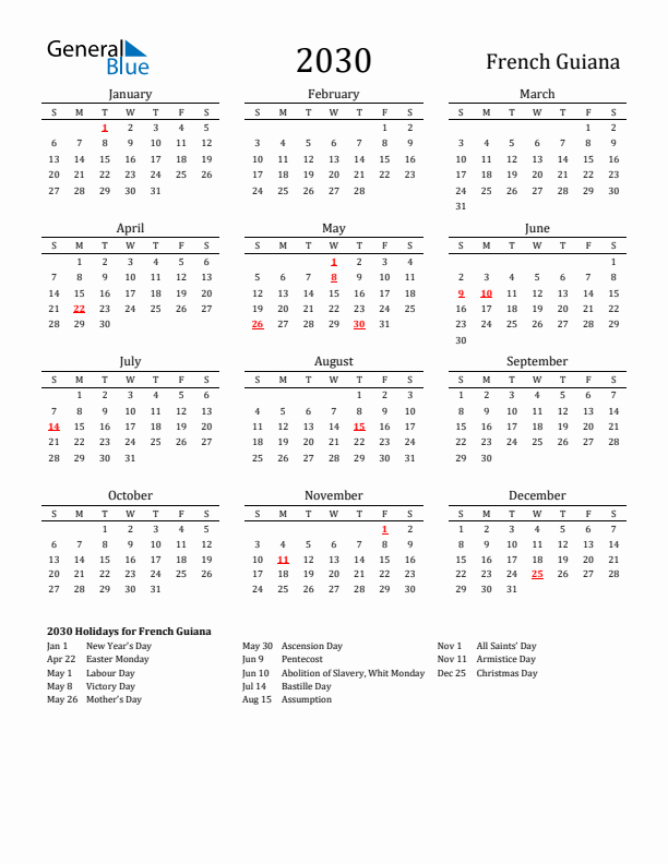 French Guiana Holidays Calendar for 2030