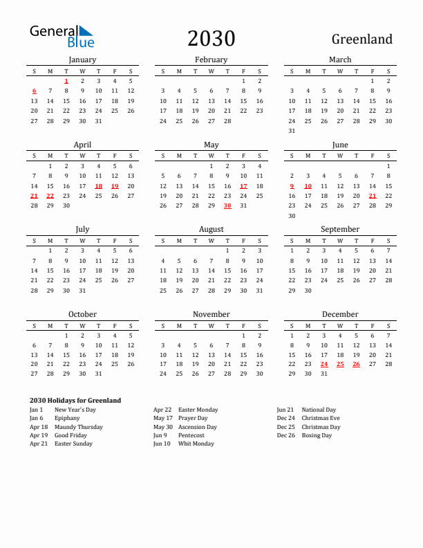 Greenland Holidays Calendar for 2030