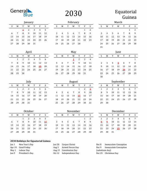 Equatorial Guinea Holidays Calendar for 2030