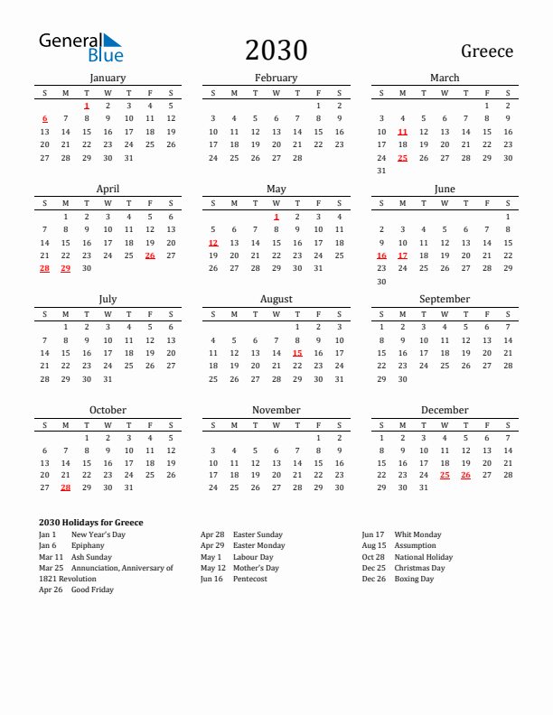 Greece Holidays Calendar for 2030