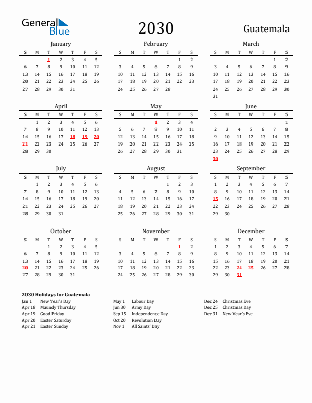 Guatemala Holidays Calendar for 2030